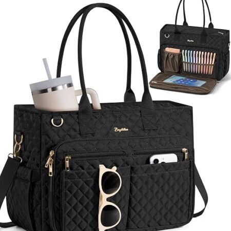 Black Bagstellar quilted laptop tote with shoulder strap, tumbler pocket and front organizer