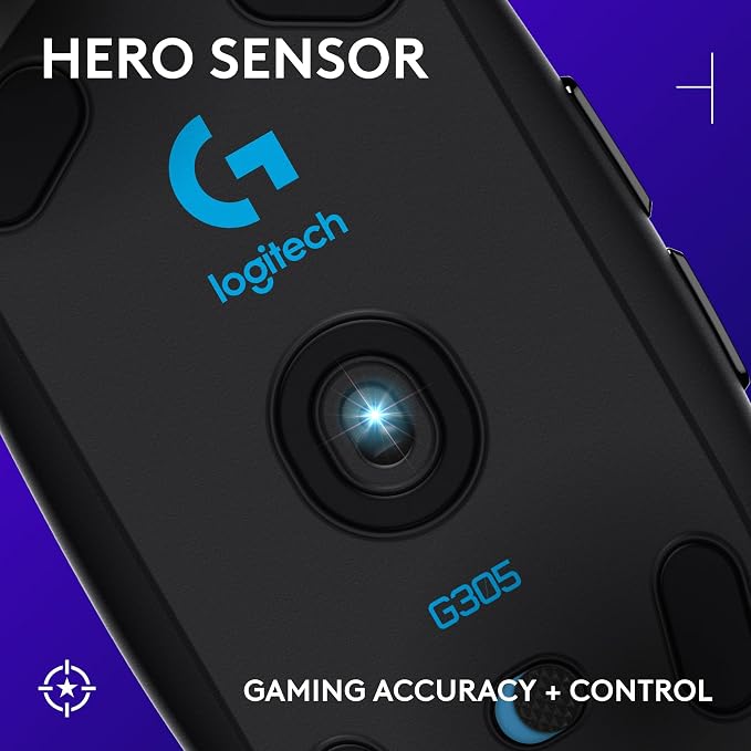 Underside of the Logitech G305 showing its HERO optical sensor