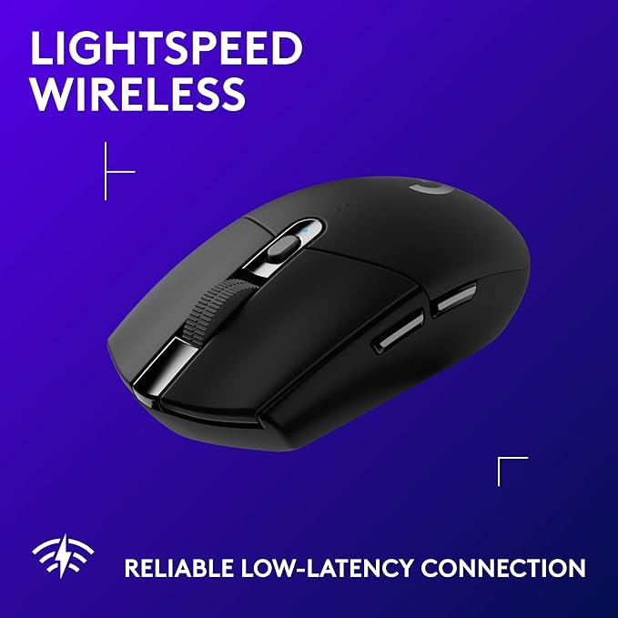 Black Logitech G305 mouse showing its side buttons and LIGHTSPEED wireless design